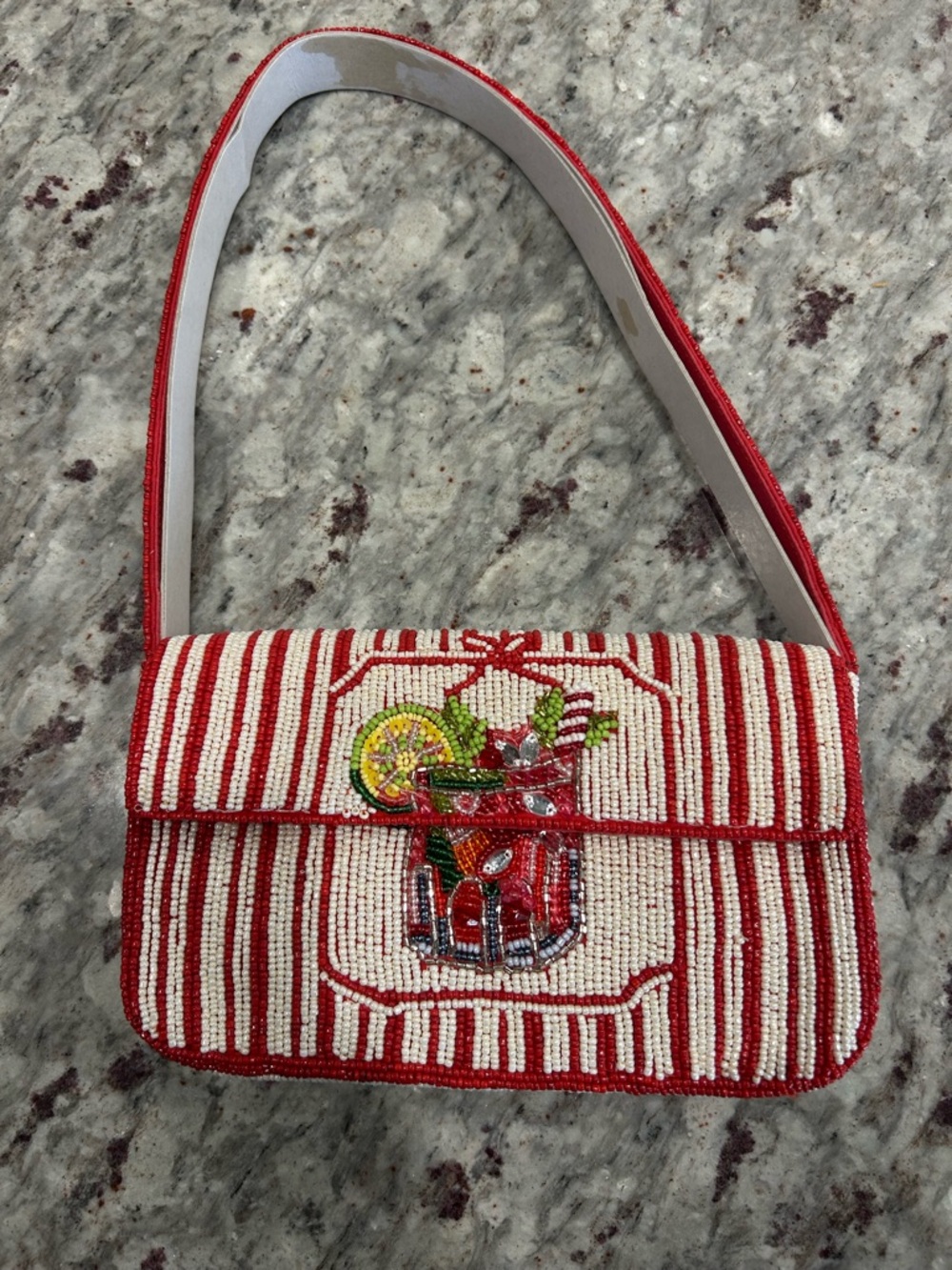 Anthropologie WINTER ICON Red and White Stripe Cocktail Beaded Shoulder Bag